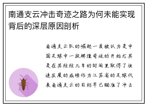 南通支云冲击奇迹之路为何未能实现背后的深层原因剖析